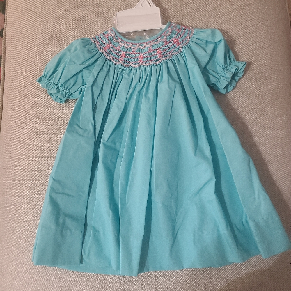 NWT Petite Ami Baby Smocked Turquoise Pink flowers Baby Girls Dress Sz 3 Months